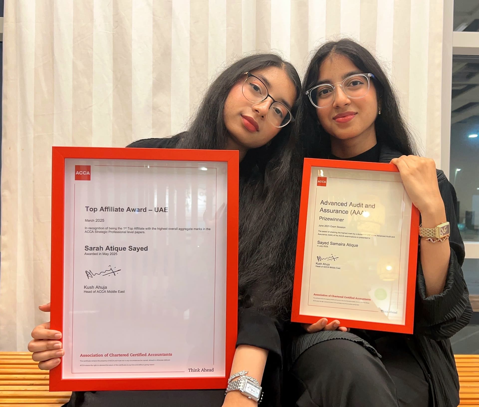 Sisters of success: Sarah and Samairah put MAHE Dubai on the ACCA honours board